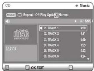 CD Myopy Repeat : Off Play Options Normal 01:3021.1 01. TRACK 1 4:39 02. TRACK 2 4:31 03. TRACK 3 4:30 04. TRACK 4 5:55 05. TRACK 5 4:23 06. TRACK 6 4:24 OK EXIT