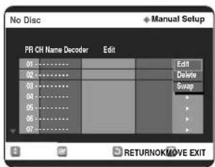 No Disc PR CH Name Decoder Edit 01............ 02............ 03............ 04............ 05............ 06............ 07............ Edit Delete Swap RETURNOK/MOVE EXIT