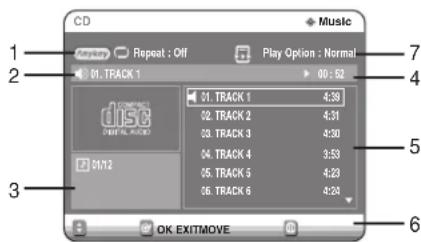 CD Music 1 2 Repeat : Off Play Option : Normal 01. TRACK 1 00 : 52 7 4 5 3 OK EXITMOVE 6 5 4 3 DISC 01/12 01. TRACK 1 4:39 02. TRACK 2 4:31 03. TRACK 3 4:30 04. TRACK 4 3:33 05. TRACK 5 4:23 06. TRACK 6 4:24