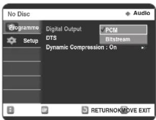 No Disc Programme Setup Digital Output PCM DTS Bitstream Dynamic Compression : On RETURN ON DIVE EXIT