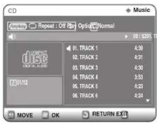 CD Music Anyway Repeat : Off Path Option Normal 01.12 01. TRACK 1 4:38 02. TRACK 2 4:31 03. TRACK 3 4:30 04. TRACK 4 3:53 05. TRACK 5 4:23 06. TRACK 6 4:24 MOVE OK RETURN EXIT