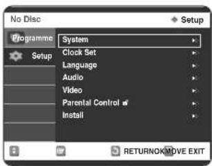 No Disc Programme Setup System Clock Set Language Audio Video Parental Control # Install RETURNOKMOVE EXIT