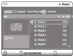 CD Music Repeat : Track Play Options : Normal 01. TRACK 1 4:39 02. TRACK 2 4:31 03. TRACK 3 4:30 04. TRACK 4 3:53 05. TRACK 5 4:23 06. TRACK 6 4:24 OK EXITMOVE