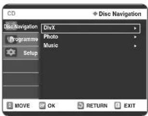 CD Disc Navigation DivX Photo Music Programme Setup MOVE OK RETURN EXIT