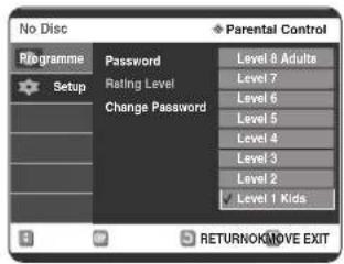 No Disc Filegramme Setup Password Rating Level Change Password Level 8 Adulta Level 7 Level 6 Level 5 Level 4 Level 3 Level 2 ✓ Level 1 Kids RETURNOKMOVE EXIT