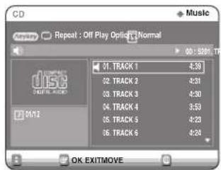 CD Music Play 1 Repeat : Off Play Options Normal 00:5201.7 01. TRACK 1 4:39 02. TRACK 2 4:31 03. TRACK 3 4:30 04. TRACK 4 3:52 05. TRACK 5 4:23 06. TRACK 6 4:24 OK EXITMOVE
