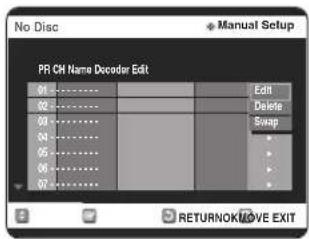 No Disc PR CH Name Decoder Edit 01 02 03 04 05 06 07 Edit Delete Swap RETURNOK/MOVE EXIT