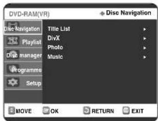 DVD-RAM(VR) Disc Navigation Title List DivX Photo Music Programme Setup MOVE OK RETURN EXIT