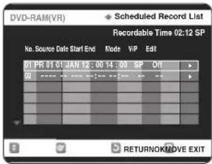 DVD-RAM(VR) Scheduled Record List Recordable Time 02:12 SP No. Source Date Start End Mode VIP Edit 01 PR 01 01 JAN 12:00 14:00 SP Off RETURNOK/MOVE EXIT