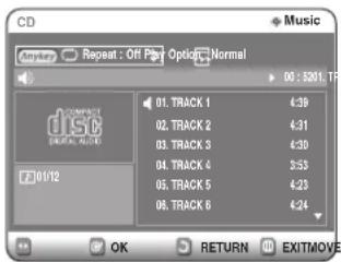 CD Music MyTrip Repeat : Off Play Option Normal 00:5201.7F DLC COMPACT dISC DRUGAL AUDIO 01/12 01. TRACK 1 4:39 02. TRACK 2 4:31 03. TRACK 3 4:30 04. TRACK 4 3:53 05. TRACK 5 4:23 06. TRACK 6 4:24 OK RETURN EXITMOVE