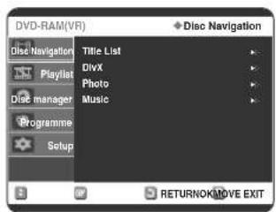 DVD-RAM(VR) Disc Navigation Title List DivX Photo Music Playflat Programme Setup RETURNOK/MOVE EXIT