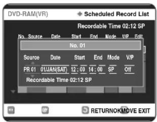 DVD-RAM(VR) Scheduled Record List Recordable Time 02:12 SP No. Source Date Start End Mode VP Edit No. 01 Source Date Start End Mode VP PR 01 01JAN(SAP) 12:00 14:00 SP OFF Recordable Time 02:12 SP RETURNOKMOVE EXIT