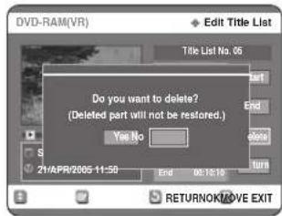 DVD-RAM(VR) Edit Title List Title List No. 05 Do you want to delete? (Deleted part will not be restored.) Yes No 21/APR/2005-11:50 End 06:18:10 RETURNOK/MOVE EXIT