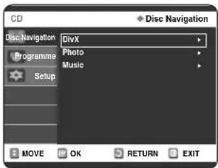 CD Disc Navigation Programme Setup DivX Photo Music MOVE OK RETURN EXIT