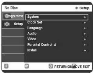 No Disc Programme Setup System Clock Set Language Audio Video Parental Control Install SETUP RETURNNOVIVE EXIT