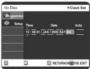 No Disc Clock Set Programme Setup Time Date Auto 12:00 01 / JAN / 2005 SAT On RETURN ON DIVE EXIT