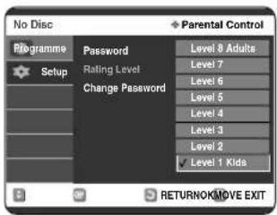 No Disc Riogramme Setup Password Rating Level Change Password Level 8 Adults Level 7 Level 6 Level 5 Level 4 Level 3 Level 2 ✓ Level 1 Kids RETURNOKMOVE EXIT