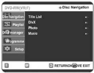 DVD-RW(VR:F) Disc Navigation Title List DivX Photo Music Programme Setup + Disc Navigation RETURNOK/MOVE EXIT