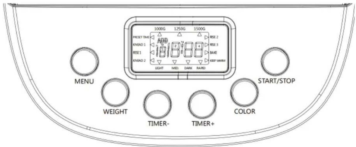 1000G 1250G 1500G PRESET TIME KNEAD 1 RISE 2 RISE 3 BAKE KNEAD 2 LIGHT MID DARK RAPID KEEP WARM START/STOP MENU WEIGHT TIMER- TIMER+ COLOR