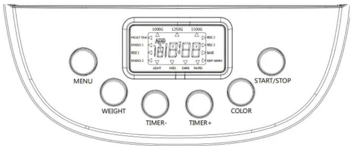 PRESET TIME 1000G 1250G 1500G KNEAD 1 RISE 2 RISE 3 BASE KNEAD 2 LIGHT MED DARK RAPID KEEP WARM START/STOP MENU WEIGHT TIMER- TIMER+ COLOR