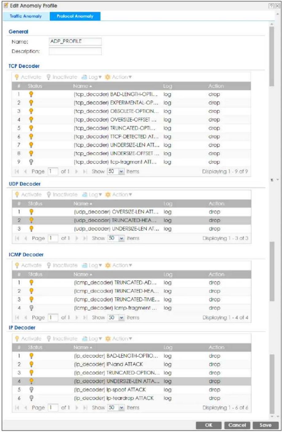 Edit Anomaly Profile Traffic Anomaly Protocol Anomaly General Name: ADP_PROFILE Description: TCP Decoder Status Name ▲ Log Action 1 {tcp_decoder) BAD-LENGTH-OPTI... log.drop 2 {tcp_decoder) EXPERIMENTAL-OP... logdrop 3 {tcp_decoder) OBSOLETE-OPTION... logdrop 4 {tcp_decoder) OVERSIZE-OFFSET ... logdrop 5 {tcp_decoder) TRUNCATED-OPTI... logdrop 6 {tcp_decoder) TTCP-DETECTED AT... logdrop 7 {tcp_decoder) UNDERSIZE-LEN ATT... logdrop 8 {tcp_decoder) UNDERSIZE-OFFSET ... logdrop 9 {tcp_decoder) lcp-fragment ATT... logdrop Page 1 of 1 > Show 50