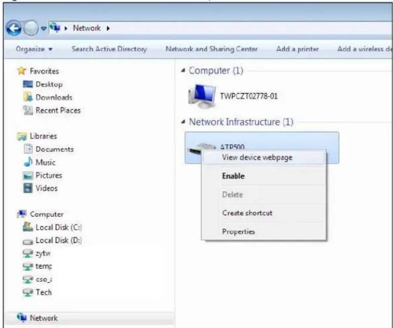 Network Organize Search Active Directory Network and Sharing Center Add a printer Add a wireless de Favorites Desktop Downloads Recent Places Libraries Documents Music Pictures Videos Computer Local Disk (C:) Local Disk (D:) zytw temp cso_i Tech Network Computer (1) TWPCZT02778-01 Network Infrastructure (1) ATP500 View device webpage Enable Delete Create shortcut Properties