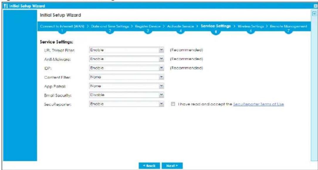 Initial Setup Wizard Connect to Internet (WAN) > Date and Time Settings > Register Device > Activate Service > Service Settings > Wireless Settings > Remote Management 1 2 3 4 5 6 7 Service Settings: URL Threat Filter: Enable (Recommended) Anti-Malware: Enable (Recommended) IDP: Enable (Recommended) Content Filter: None App Patrol: None Email Security: Disable SecuReporter: Enable □ I have read and accept the SecuReporter Terms of Use < Back Next >