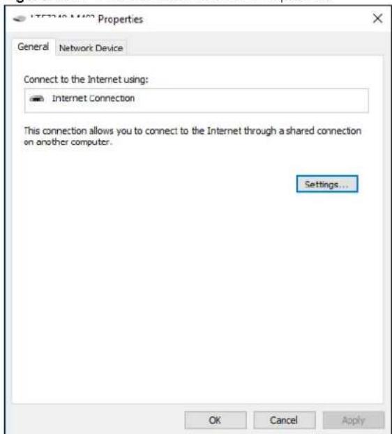 Internet10 M23 Properties General Network Device Connect to the Internet using: Internet Connection This connection allows you to connect to the Internet through a shared connection on another computer. Settings... OK Cancel Apply