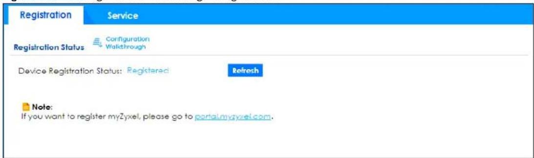 Registration Service Registration Status Configuration Wakthrough Device Registration Status: Registered Refresh Note: If you want to register myZyxel, please go to portal.myszyel.com.