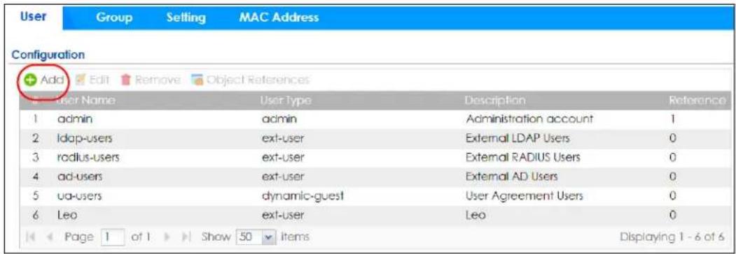 User Group Setting MAC Address Configuration + Add Edit Remove Object References User Name User Type Description Reference 1 admin admin Administration account 1 2 Idap-users ext-user External LDAP Users 0 3 radius-users ext-user External RADIUS Users 0 4 ad-users ext-user External AD Users 0 5 ua-users dynamic-guest User Agreement Users 0 6 Leo ext-user Leo 0 Page 1 of 1 Show 50 Items Displaying 1 - 6 of 6