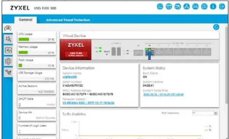 ZYXEL USG FLEX 500 General Advanced Threat Protection CPU Usage 29 % Memory Usage 28 % Fosh Usage 10 % USB Storage Usage 0/0 KB Active Sessions 142/1000000 DHCP Tools 0 Device HA 0 Switch Counter Number of Login Users 1 Virtual Device ZYXEL USB FLEX ZyRx, Security Device Information System Name: xy0fxx500 Serial Number: 516246590102 MAC Address Range: 848C/A31372F4 - 888C/A81872F8 Network Version: V4.50A46U.0J6C / C077-12-11-18-04-54 System Status Boot Status: OK System UpTime: 04:28:51 Current Data/Time: 2000.02.24 / 07:43:28 UTC=40.00 Tx/Rx Statistics Port Selection: P1 Milex : % - %