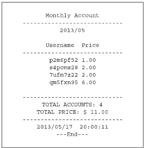 Monthly Account 2013/05 Username Price p2m6pf52 1.00 s4pcms28 2.00 7ufm7z22 2.00 qm5fxn95 6.00 TOTAL ACCOUNTS: 4 TOTAL PRICE: $ 11.00 2013/05/17 20:00:11 ---End---