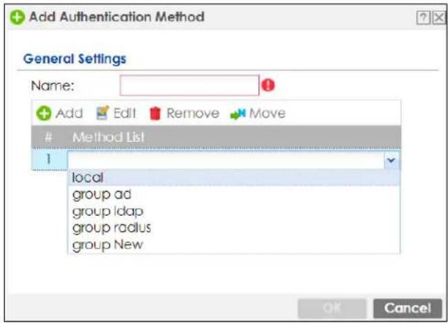 Add Authentication Method General Settings Name: Add Edit Remove Move Method List 1 local group ad group ldap group radius group New OK Cancel