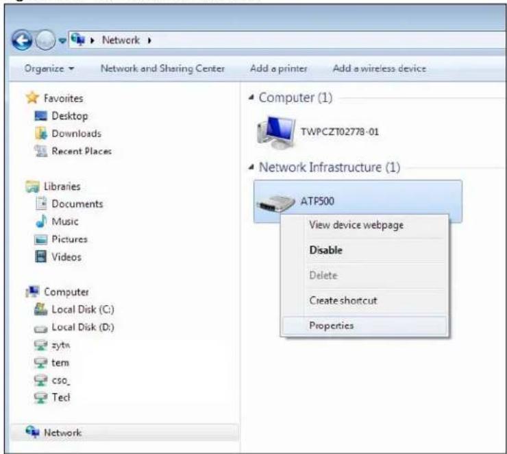 Network Organize Network and Sharing Center Add a printer Add a wireless device Favorites Desktop Downloads Recent Places Libraries Documents Music Pictures Videos Computer Local Disk (C:) Local Disk (D:) zytn tem cso_ Tedl Network Computer (1) TWPCZT02778-01 Network Infrastructure (1) ATP500 View device webpage Disable Delete Create shortcut Properties