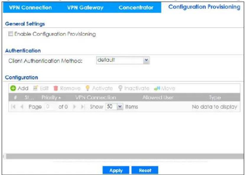 VPN Connection VPN Gateway Concentrator Configuration Provisioning General Settings Enable Configuration Provisioning Authentication Client Authentication Method: default Configuration Add Edit Remove Activate Inactivate Move SI... Priority VPN Connection Allowed User Type Page 0 of 0 Show 50 Items No data to display Apply Reset