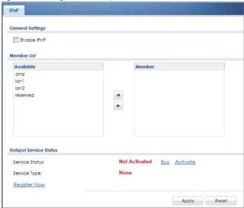 IPnP General Settings Enable IPnP Member List Available dmz lan1 lan2 reserved Member Hotspot Service Status Service Status: Not Activated Buy Activate Service Type: None Register Now Apply Reset