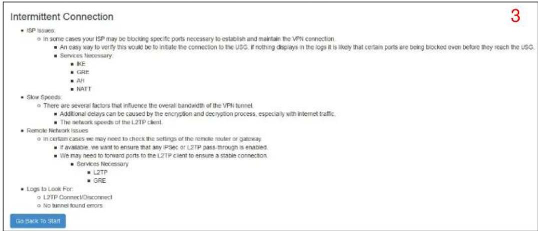 Intermittent Connection • ISP Issues: ○ in some cases your ISP may be blocking specific ports necessary to establish and maintain the VPN connection. ■ An easy way to verify this would be to initiate the connection to the USG. If nothing displays in the logs it is likely that certain ports are being blocked even before they reach the USG. ■ Services Necessary: ■ IKE ■ GRE ■ AH ■ NATT • Slow Speeds: ○ There are several factors that influence the overall bandwidth of the VPN tunnel. ■ Additional delays can be caused by the encryption and decryption process, especially with Internet traffic. ■ The network speeds of the L2TP client. • Remote Network Issues ○ in certain cases we may need to check the settings of the remote router or gateway. ■ if available, we want to ensure that any IP3ec or L2TP pass-through is enabled. ■ We may need to forward ports to the L2TP client to ensure a stable connection. ■ Services Necessary ■ L2TP ■ GRE • Logs to Look For: ○ L2TP Connect/Disconnect ○ No tunnel found errors Go Back To Start