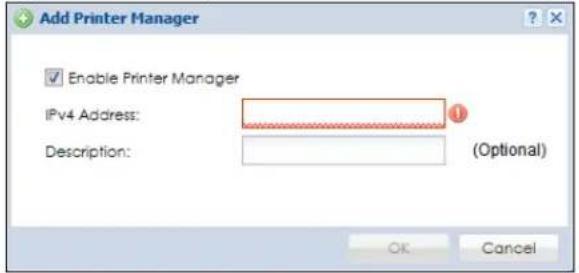 Add Printer Manager Enable Printer Manager IPv4 Address: Description: (Optional) OK Cancel