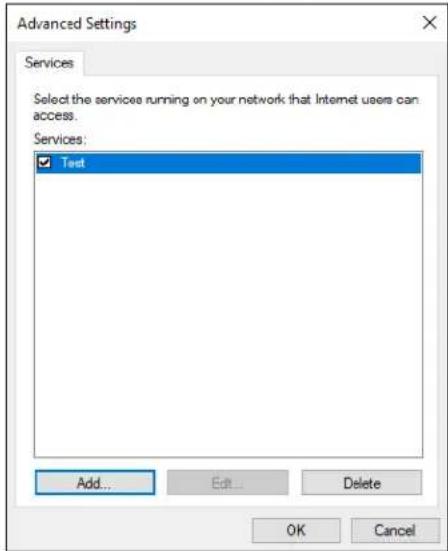 Advanced Settings Services Select the service running on your network that Internet users can access. Services: Test Add... Edit... Delete OK Cancel