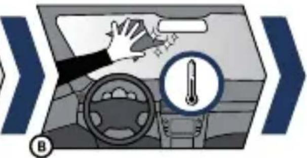 Diagram showing car dashboard with hand gesture, thermometer, and directional arrows indicating vehicle flow or weather control