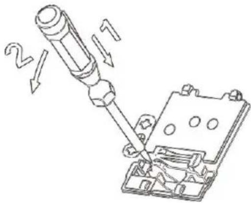 Technical diagram showing a screwdriver tool interacting with an electrical switch, labeled with parts 1 and 2.