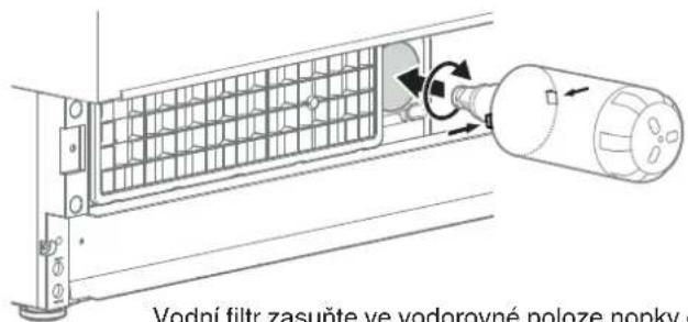Vodní filtr zasuňte ve vodorovné poloze nopky