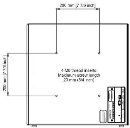 200 mm [7 7/8 inch] 200 mm [7 7/8 inch] 4 M6 thread inserts. Maximum screw length 20 mm (3/4 inch)
