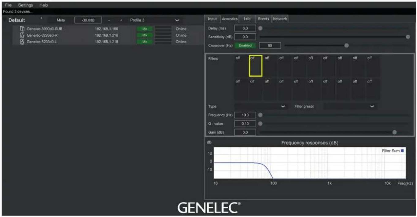 File Settings Help Found 3 devices... Default Mute -30.0dB Profile 3 Genelec-8990d5-SUB 192.168.1.166 Mix Online Genelec-8293e3-R 192.168.1.216 Mix Online Genelec-8293d3-L 192.168.1.218 Mix Online Input Acoustics Info Events Network Delay (ms) 0.0 Sensitivity (dB) 0.0 Crossover (Hz) Enabled 85 Filters off off off off off off off off off off off off off off off off off off off off off Type Filter preset Frequency (Hz) 10.0 Q - value 0.10 Gain (dB) 0.0 dB Frequency responses (dB) Filter Sum GENELEC® 10 10 1k Freq(Hz)