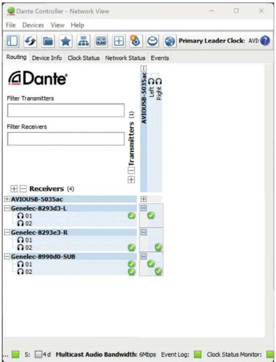 Dante Controller - Network View File Devices View Help Routing Device Info Clock Status Network Status Events Primary Leader Clock: AVIO Dante® Filter Transmitters Filter Receivers Transmitters (1) AVIOUSB-5035ac Left Right + Receivers (4) AVIOUSB-5035ac Genelec-8293d3-L 01 02 Genelec-8293e3-R 01 02 Genelec-8990d0-SUB 01 02 S: 4 d Multicast Audio Bandwidth: 6Mbps Event Log: Clock Status Monitor: