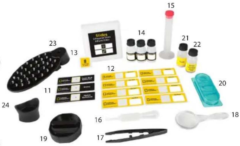 Labeled photo of laboratory cleaning and equipment items including slides, vials, and plastic containers