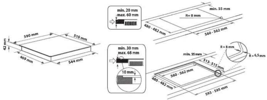 min. 20 mm max. 60 mm 480 - 482 mm min. 55 mm R= 8 mm 560 - 562 mm 42 mm 590 mm 510 mm 469 mm 544 mm min. 30 mm max. 68 mm 10 mm min. 55 mm R= 8 mm 513 - 515 mm 480 - 482 mm R= 6,5 mm 560 - 562 mm 593 - 595 mm