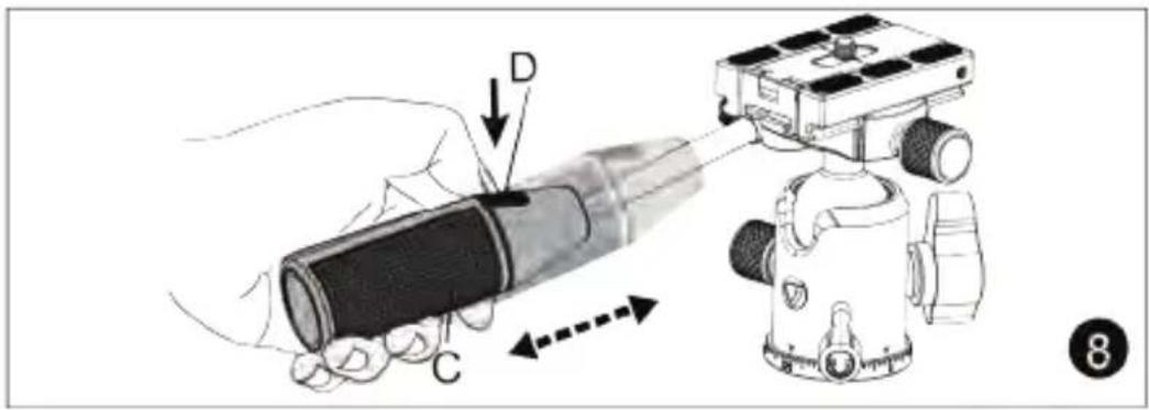 Diagram showing a hand holding a flashlight labeled C, with a device labeled D connected to a sensor or camera module, indicating directional movement.