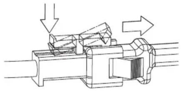 Technical line drawing of a mechanical assembly with directional arrows indicating motion (no text or symbols)