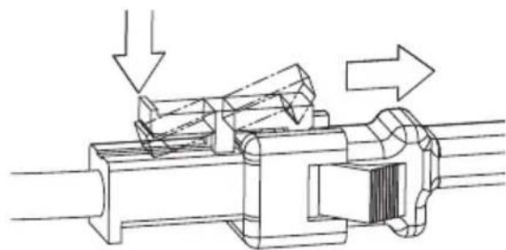 Technical line drawing of a mechanical assembly with arrows indicating motion (no text or symbols)